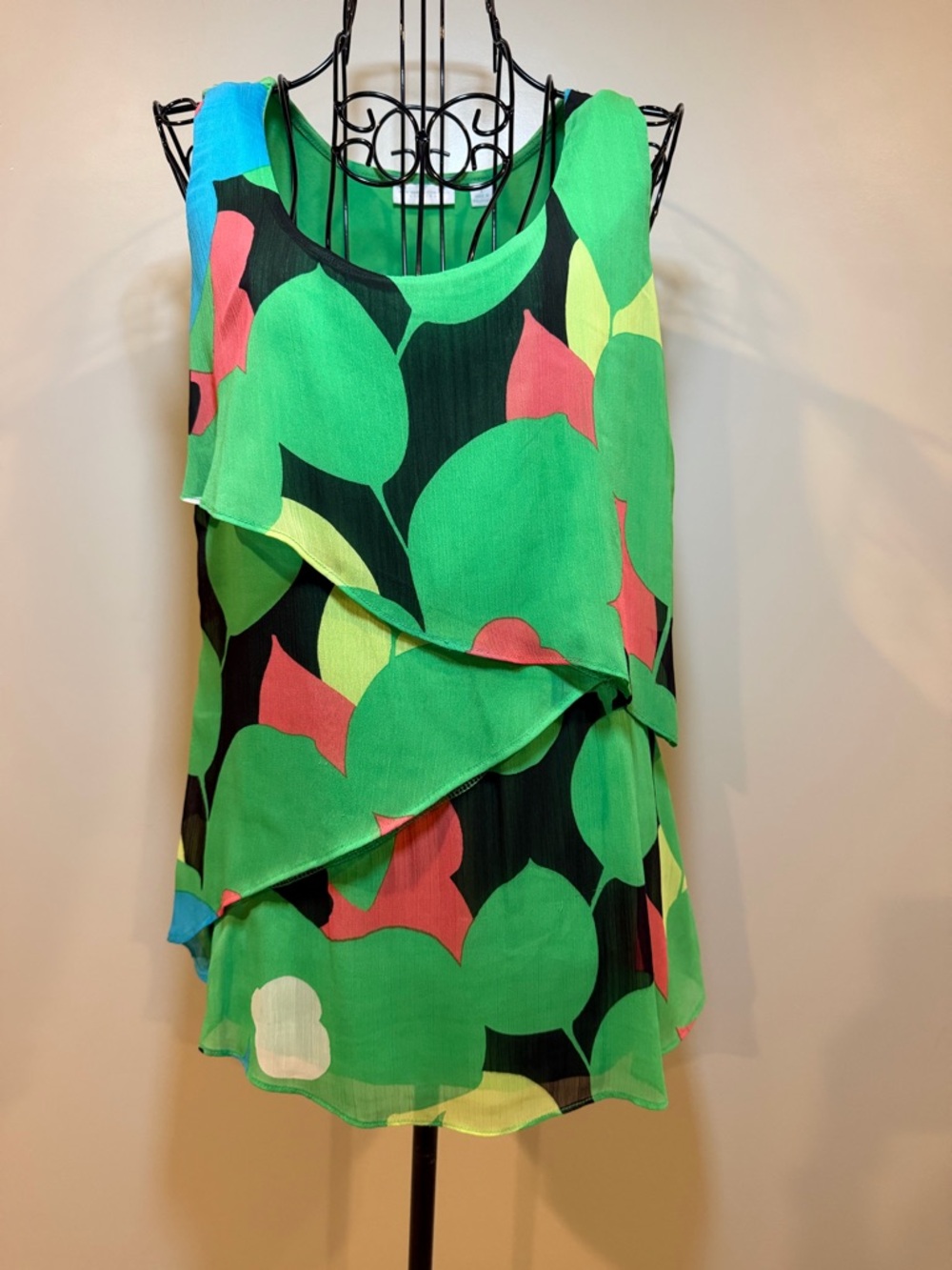 New York & Company Green Floral‎ Layered Ruffle tank with Coral Accents